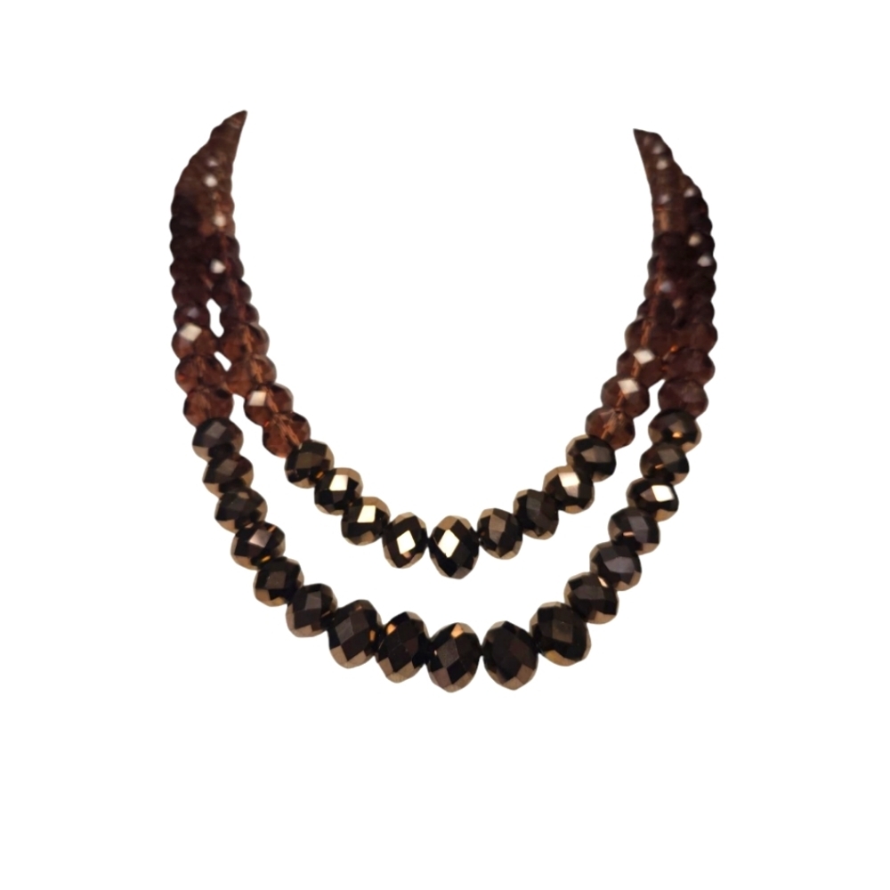 NWT ViVl Vintage Two-Strand Brown Clear Faceted Beaded Genuine Crystal Necklace